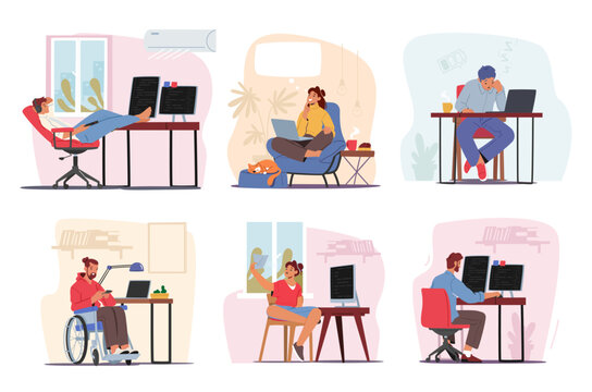 Set Remote Workplace, Homeworking Concept. Men and Women Freelancers Characters Working from Home on Computers