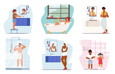 Set Morning Routine Concept. Adults And Children Characters Brushing Teeth, Bathing, Washing Hands, Take A Shower
