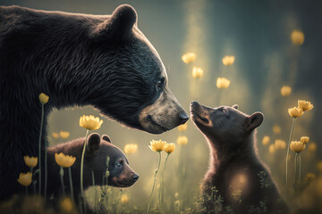 Black Bear in the Woods with Cubs, Black Bears, Cute, Spring Flowers, Generative AI