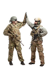 American special forces. two soldiers in military equipment with weapons on a white isolated background