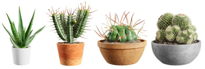 Set of cacti plants in pots isolated on transparent background. 3D render.