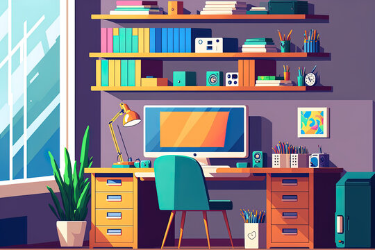 modern interior, office space, cabinet. PC at the office. cartoon styled, colorful image. Generative AI