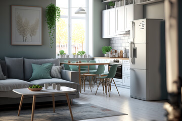A mock up image of a lovely studio apartment with a blank wall and a living room, kitchen, and dining table. Background of household goods, indoors, indoors. Generative AI