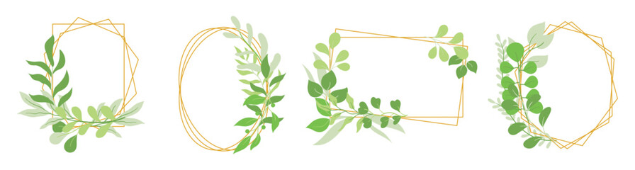 Set Of Floral Botanical Frames With Green Leaves, Elegant Borders Design Isolated On White Background