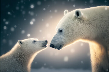 Obraz na płótnie Canvas Polar Bear with Baby Cub in the Snow and Ice, Banner for Text, Social Media, Cute Winter or Valentine's Day Concept, Generative AI 