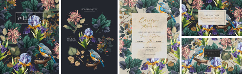 Wedding invitations. Vector illustrations of flower, plant, floral pattern, leaves, bird, iris for greeting card, flyer or frame