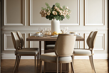 Elegant and beige dining room decor with a custom made hardwood table and chairs, a flower vase, and rattan accessories. Korean interior design. a wooden parquet floor. Generative AI