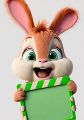 Obraz premium Cute Easter bunny holding a billboard, copy space, space for your text, Easter greetings, season, illustration, generated art