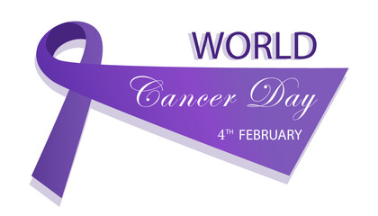 World Cancer Day, 4th february concept. Violet ribbon, text. White background. Horizontal template, banner. Vector illustration.