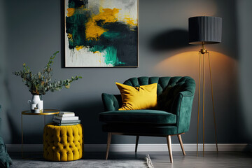 Retro living room design with abstract artwork on grey wall and beige sofa with pillows, antique dark green armchair, and yellow pouf with book. Generative AI