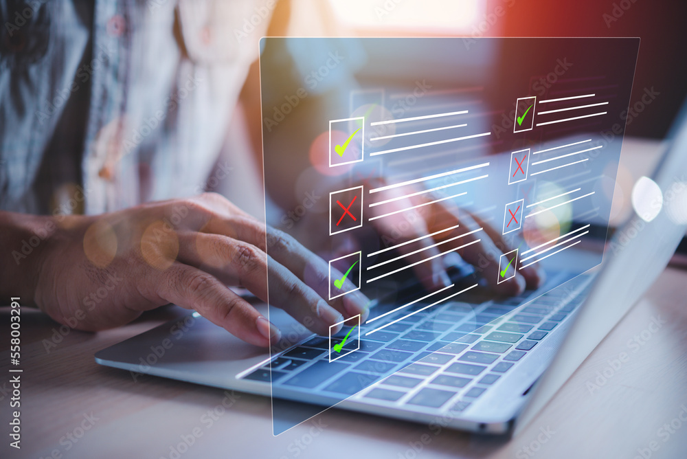 Poster man planning work manage right and wrong options on online document virtual screen
