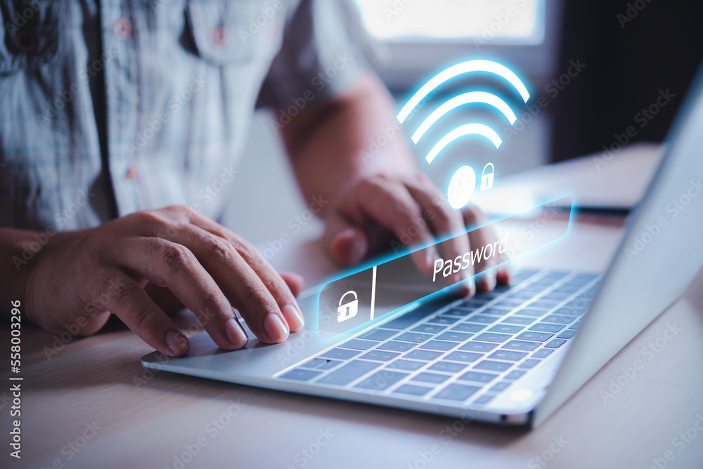 Poster man hand on laptop complete wifi connection password