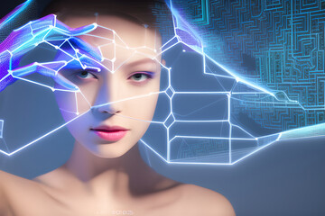 Double exposure of woman and futuristic holographic interface to display data. Woman in Futuristic Suit, Augmented Reality, Future Technology, Gaming Concept, AI Concept, Blue Neon Light. Eyes