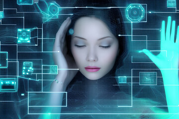 Double exposure of woman and futuristic holographic interface to display data. Woman in Futuristic Suit, Augmented Reality, Future Technology, Gaming Concept, AI Concept, Blue Neon Light.
