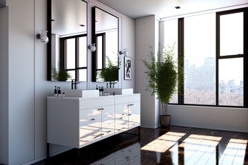 Inside of a contemporary bathroom with a side view, two sinks, double mirrors, interior plants, and a dark brown parquet floor. modern furniture in a minimalist bathroom with a view of the city