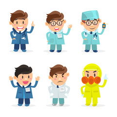 Cute cheerful doctors in medical coats showing different gestures set cartoon vector illustration