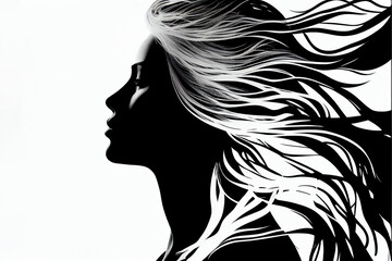 Beautiful woman silhouette with long hair black and white beauty salon background, Generative AI fictional person illustration