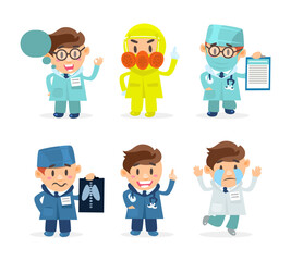 Cute doctors in medical coats showing different emotions and gestures set cartoon vector illustration