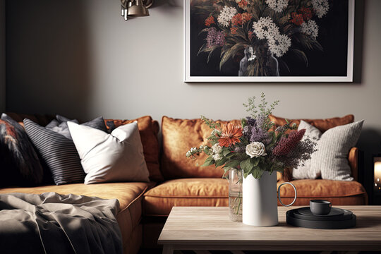 In a stylish living room with a brown corner sofa with pillows and an abstract picture on the wall, there are flowers in a vase on the wooden coffee table. Generative AI