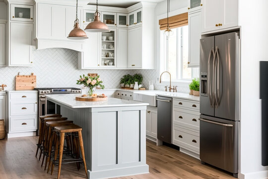 a bright, roomy, and contemporary farmhouse style kitchen. Generative AI