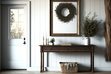 Holiday farmhouse entrance. White wall nearby, wood console table. Mockup of an interior. Generative AI