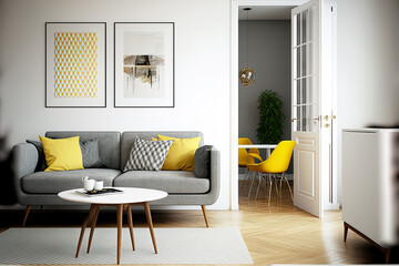 Naklejka na ściany i meble A contemporary apartment's living room features a grey sofa and a coffee table next to a white wall. Generative AI
