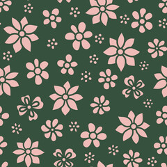 Pink abstract flowers seamless repeat pattern. Random placed, vector calico florals all over surface print on green background.