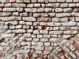 Vintage cracked bricks wall with cements texture. Bricks urban background