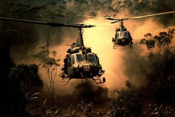 Smoke and Flames Surround Vietnam War Helicopters, generative ai - obrazy, fototapety, plakaty