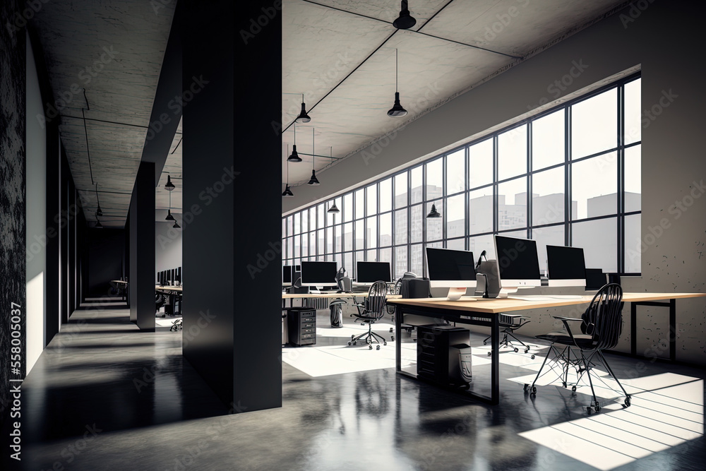 Poster view from the side of an open office space with a black wall, numerous computer equipped tables, and