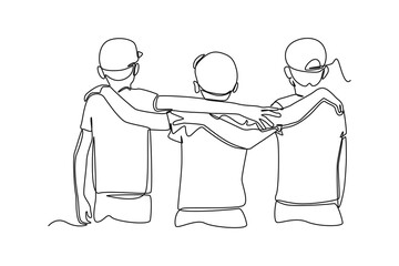 Single one line drawing three boys rear view standing and hugs. Team work concept. Continuous line draw design graphic vector illustration.