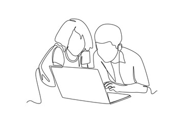 Single one line drawing school children study together with laptop. Team work concept. Continuous line draw design graphic vector illustration.