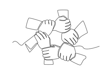 Single one line drawing children's hand form Teamwork. Team work concept. Continuous line draw design graphic vector illustration.