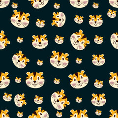 Cute baby tiger head seamless pattern. Funny animal faces background. Baby bedclothes, scrapbooking or wrapping paper, fabric kids design. vector 