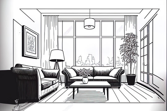 drawing of a living room in a black and white home interior. Generative AI