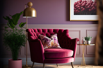 Warm living room furnishings, including a pink and red armchair, pillows on a sofa against the wall, and a poster. Generative AI