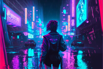 AI generative anime girl standing with her back facing the camera in a cyberpunk style night city with neon lights