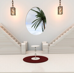 Beige marble asian style interior entrance hall with lamps and decorative elements. Design and interior decoration. 3d render © Jounn