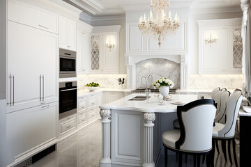 white kitchen with a chandelier in modern design. Generative AI