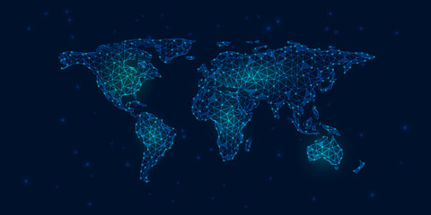 Low poly world map. Modern blue world map with bright mesh network.