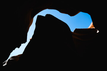 blue sky seen from bottom of antelope canyon