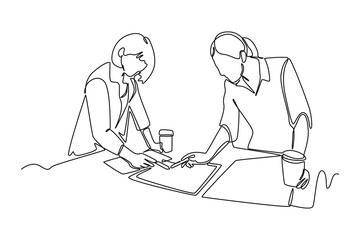Continuous one line drawing women teamwork analyzing future business strategy. Team work concept. Single line draw design vector graphic illustration.