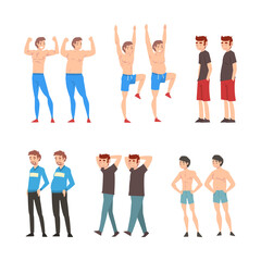 Set of men before and after diet and sport. Fat and slender male characters. Unhealthy and healthy sport athletic body. Weight loss concept cartoon vector
