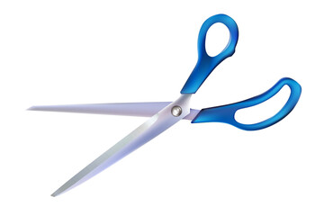 Realistic open metal scissor with blue plastic handles isolated Professional cutting tool with closed blades, for tailors and barbers, hobby and craft. Png