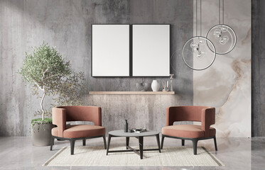 mock up poster frame in modern interior background, living room, Contemprorary style, 3D render, 3D illustration	