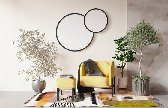 mock up poster frame in modern interior background, living room, Contemprorary style, 3D render, 3D illustration	
