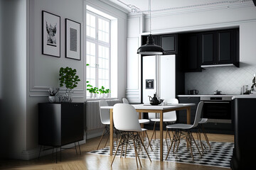 Black and white kitchen with a dining table and four chairs, a window on one side, and parquet flooring. without any people, a modern minimalist kitchen with furniture. Generative AI
