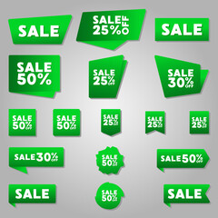 Different sale green ribbons flat icon set.