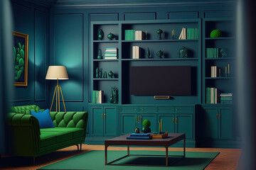 The interior design of the modern television room includes a blue background, a bookshelf on the wall, green and grey furniture, a carpet, and a centre table. Generative AI