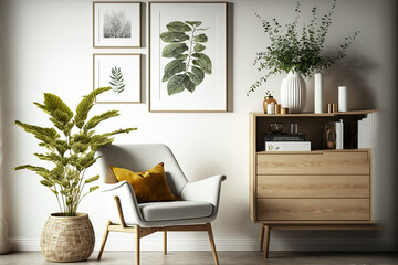 With a mock up poster frame, a design commode, a leaf in a vase, a rattan armchair, a book, and attractive accessories in contemporary home decor, this modern Scandinavian living room décor is